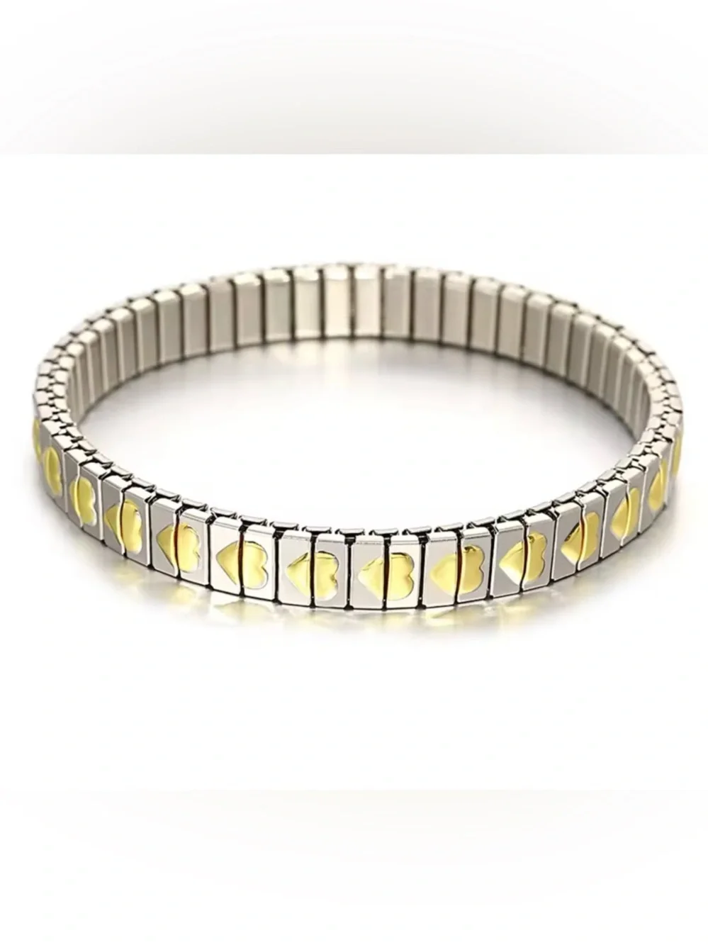 Silver Stretch Ring Bracelet with Gold Heart Accents